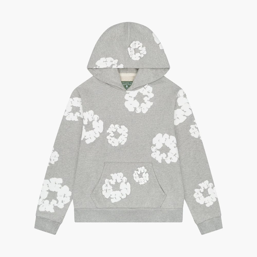 Gray “Cotton Wreath” Denim Tears Hoodie – White Floral Print Streetwear Pullover with a front kangaroo pocket, shown on a plain white background.