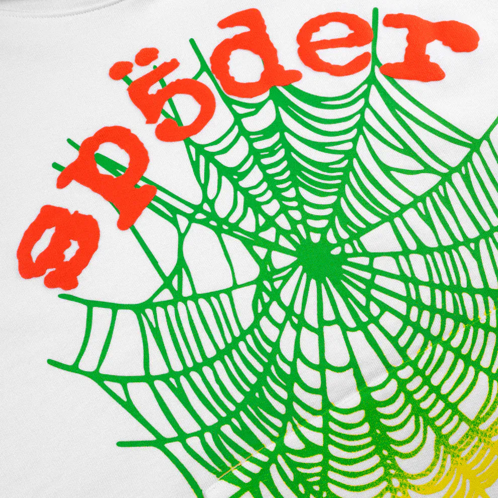 Close-up of the Sp5der “Toxic Web” Hoodie—White & Neon Lime, 440GSM heavyweight oversized streetwear pullover—showing a green web graphic and reversed red “spider” text on premium fleece.