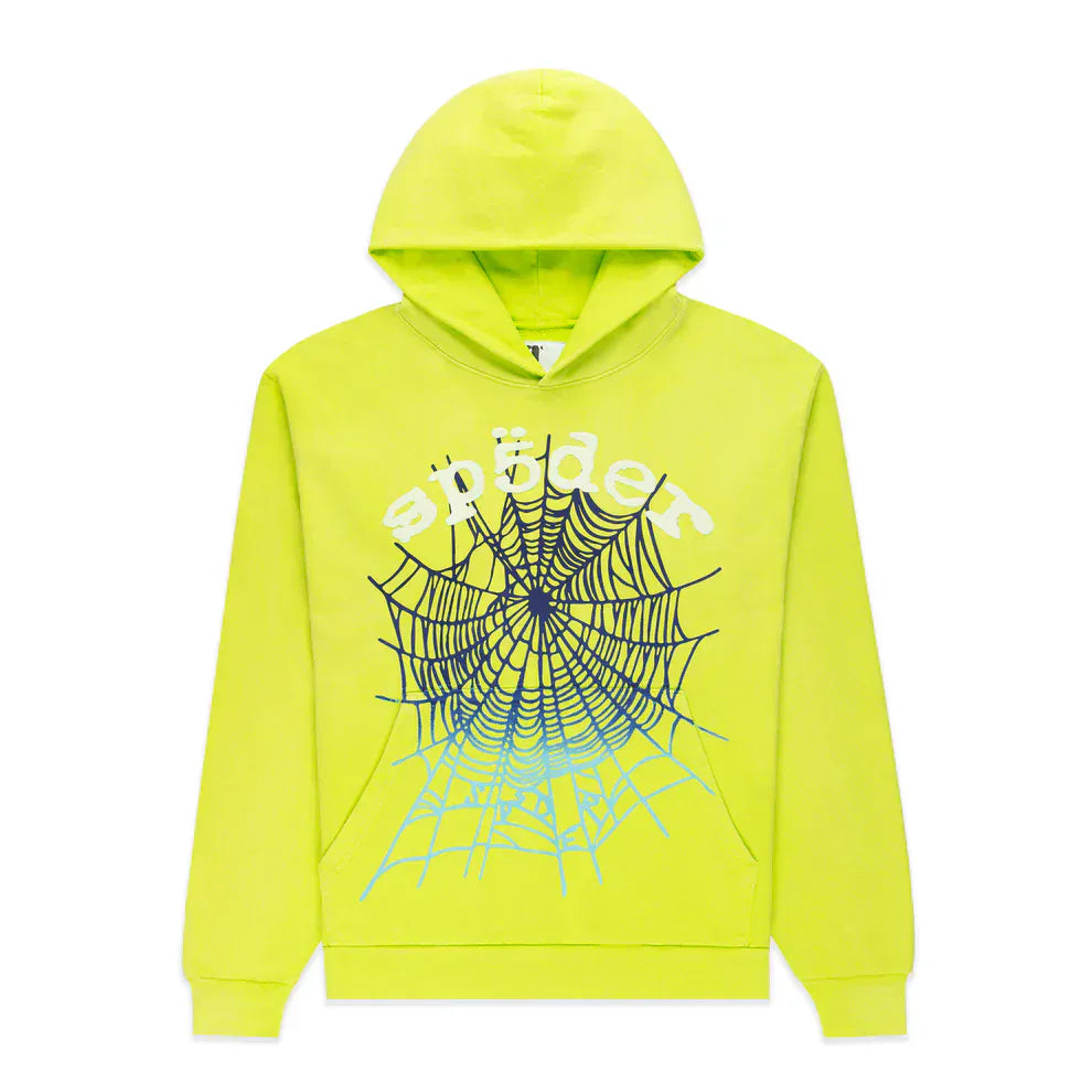 The Sp5der Web Graphic Hoodie – Neon Green 440GSM Heavyweight Streetwear features a bold blue spider web and white “sp5der” print on the chest, making it perfect for streetwear fans.