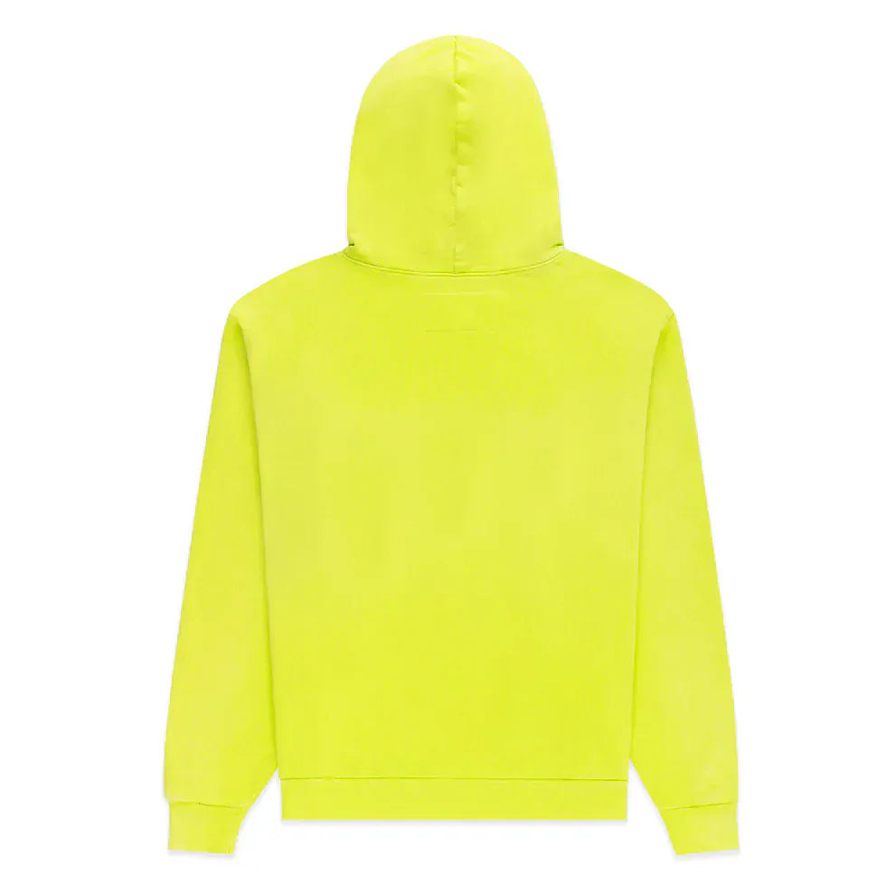 A heavyweight streetwear staple, the Sp5der Web Graphic Hoodie in neon green (440GSM) is shown from the back with the hood up, offering a clean, minimalist look with no visible branding or designs.