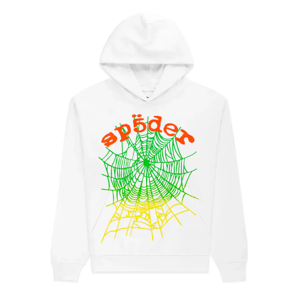 The Sp5der “Toxic Web” Hoodie in white and neon lime is a 440GSM heavyweight oversized pullover, featuring green-yellow web graphics and bold orange "sp5der" text—a standout Y2K-inspired streetwear piece.