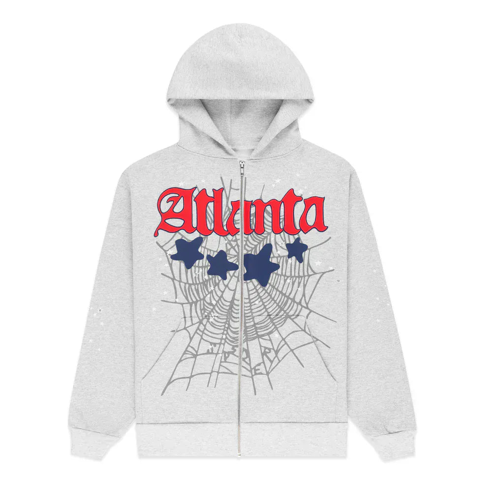 The Sp5der Atlanta Web Zip Hoodie – Grey 440GSM Heavyweight Streetwear features "Atlanta" in red, a spiderweb graphic, and four navy blue stars on the front—ideal for standout streetwear looks.