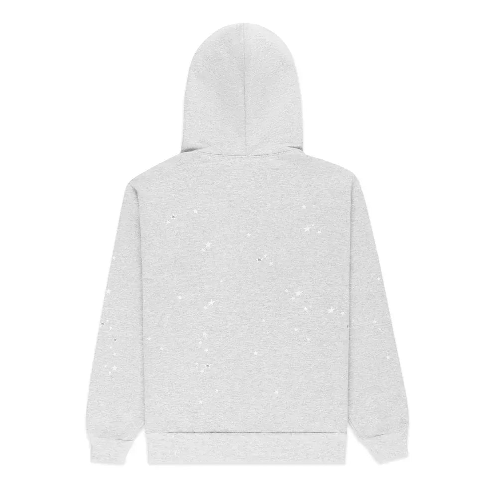 Back view of the Sp5der Atlanta Web Zip Hoodie – Grey 440GSM Heavyweight Streetwear, showcasing a subtle white speckle pattern that combines classic streetwear style with the comfort of a premium heavyweight hoodie.