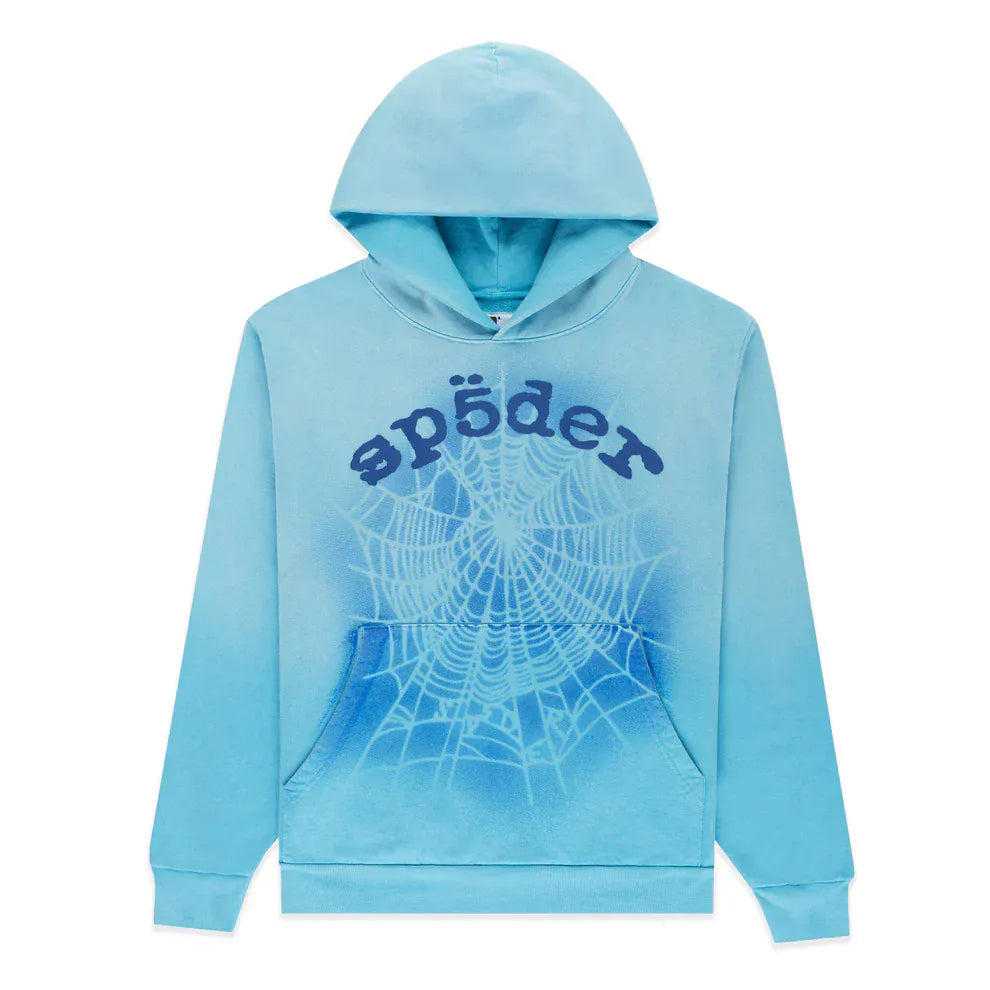 The Sp5der “Blue Venom” Web Hoodie in Sky Blue Fade is a 440GSM heavyweight oversized streetwear pullover featuring bold spiderweb graphics and dark blue “sp5der” text across the chest.