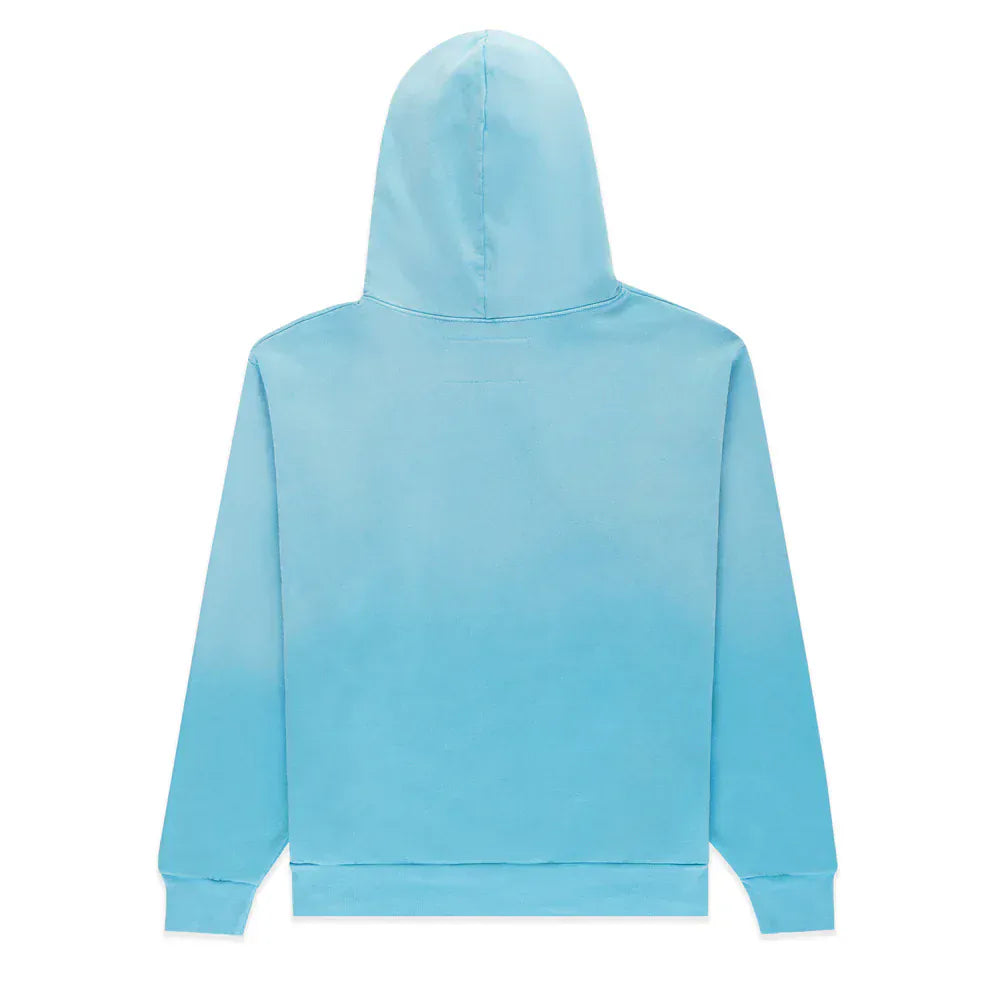The Sp5der “Blue Venom” Web Hoodie – Sky Blue Fade 440GSM Heavyweight Oversized Streetwear Pullover is shown from the back with the hood up and sleeves flat, highlighting its premium cotton fleece build for maximum comfort.