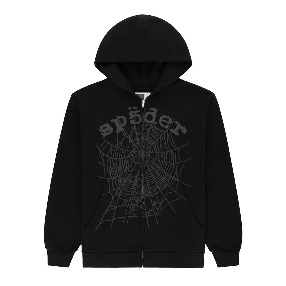 The Sp5der Tonal Web Zip Hoodie – Black 440GSM Heavyweight Streetwear features a bold spiderweb graphic and "sp5der" logo on the front, making it the perfect choice for standout, statement-making style.