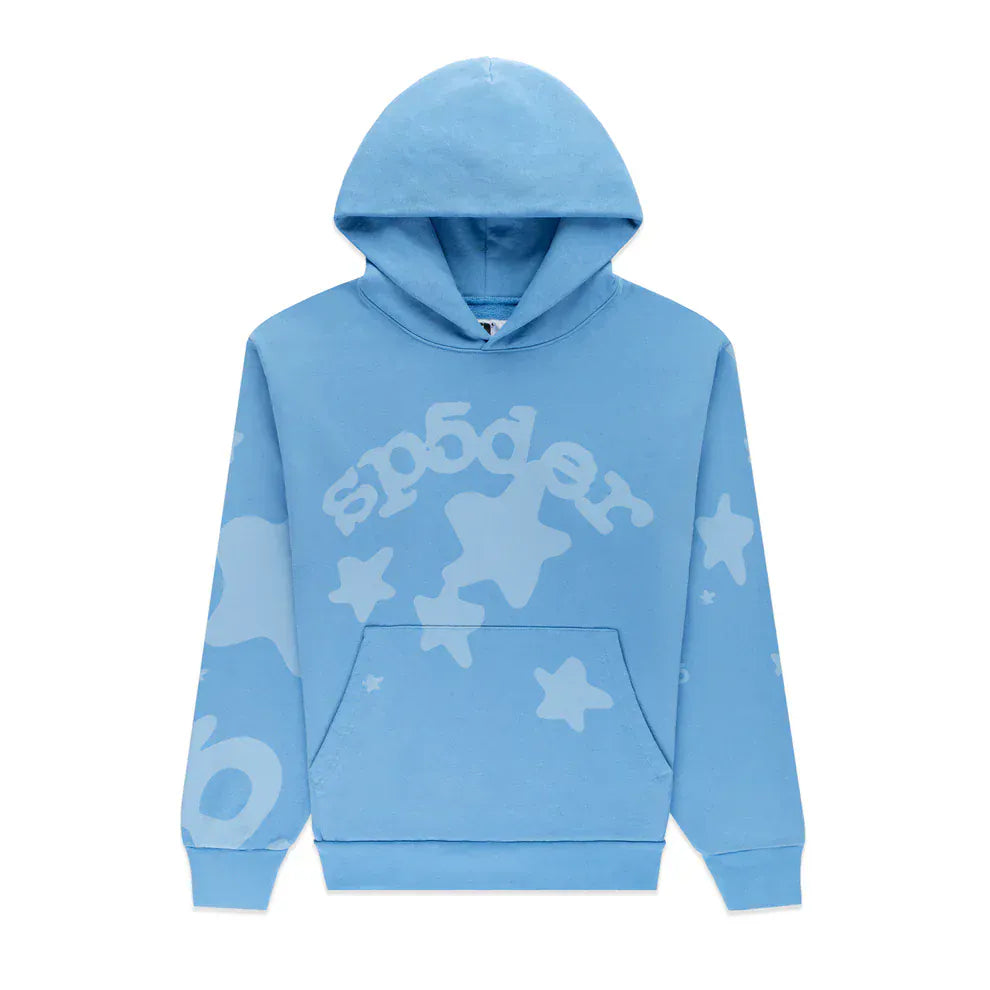 The Sp5der Star Hoodie – Baby Blue 440GSM is a heavyweight oversized streetwear pullover with white abstract shapes, stars, and stylized "sp5der" text for a Y2K vibe. Features include a front pocket and cotton fleece construction.