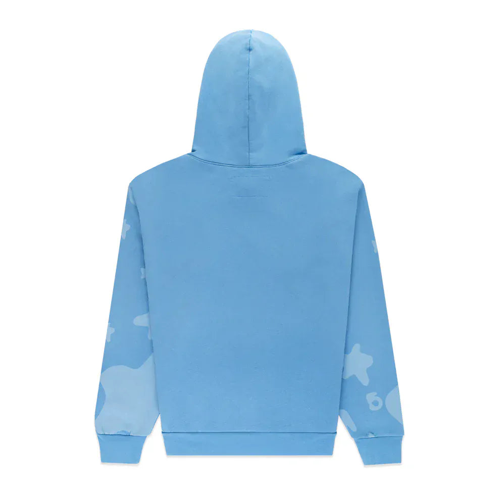 The Sp5der Star Hoodie – Baby Blue 440GSM Heavyweight Oversized Streetwear Pullover features faint white star and cloud patterns on the sleeves and sides, a back view, a hood, and is perfect for Y2K streetwear style.
