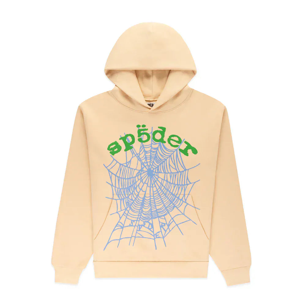 The Sp5der “Sky Web” Hoodie is an oversized streetwear pullover in cream with blue web graphics and green "spöder" text, crafted from 440GSM heavyweight cotton fleece for a bold Y2K-inspired look.