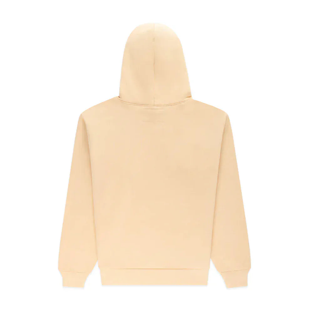The Sp5der “Sky Web” Hoodie in cream, blue, and green is a 440GSM oversized streetwear pullover, shown from the back with hood up and sleeves down, channeling Y2K vibes against a white background.