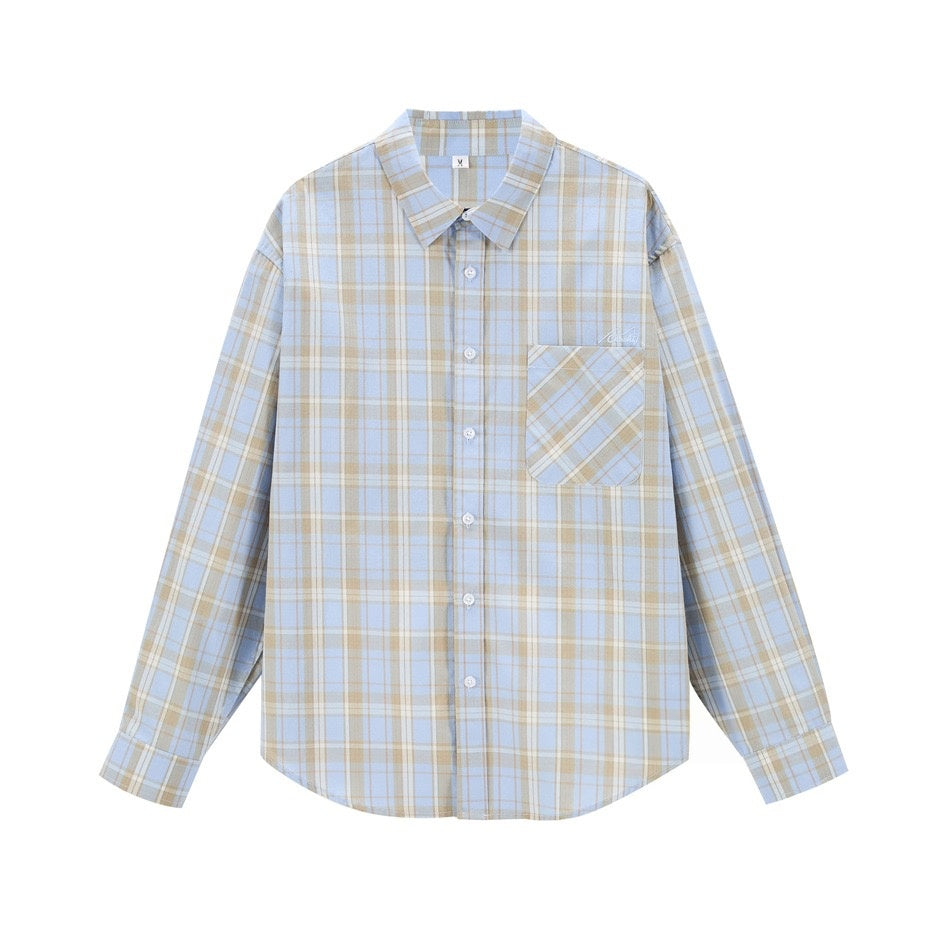 Rovaday Light Blue Long Sleeve Shirt, Cotton Plaid Button-Front