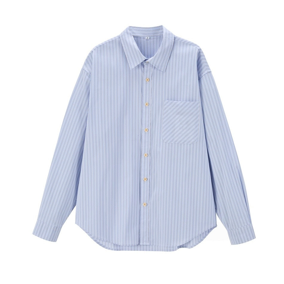 Rovaday Blue and White Striped Oversized Button-Up Shirt for Women