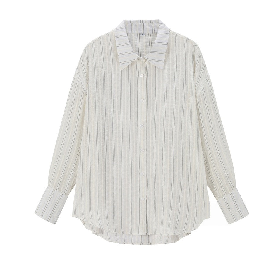 Rovaday Pinstripe White Long Sleeve Shirt, Oversized Button-Front