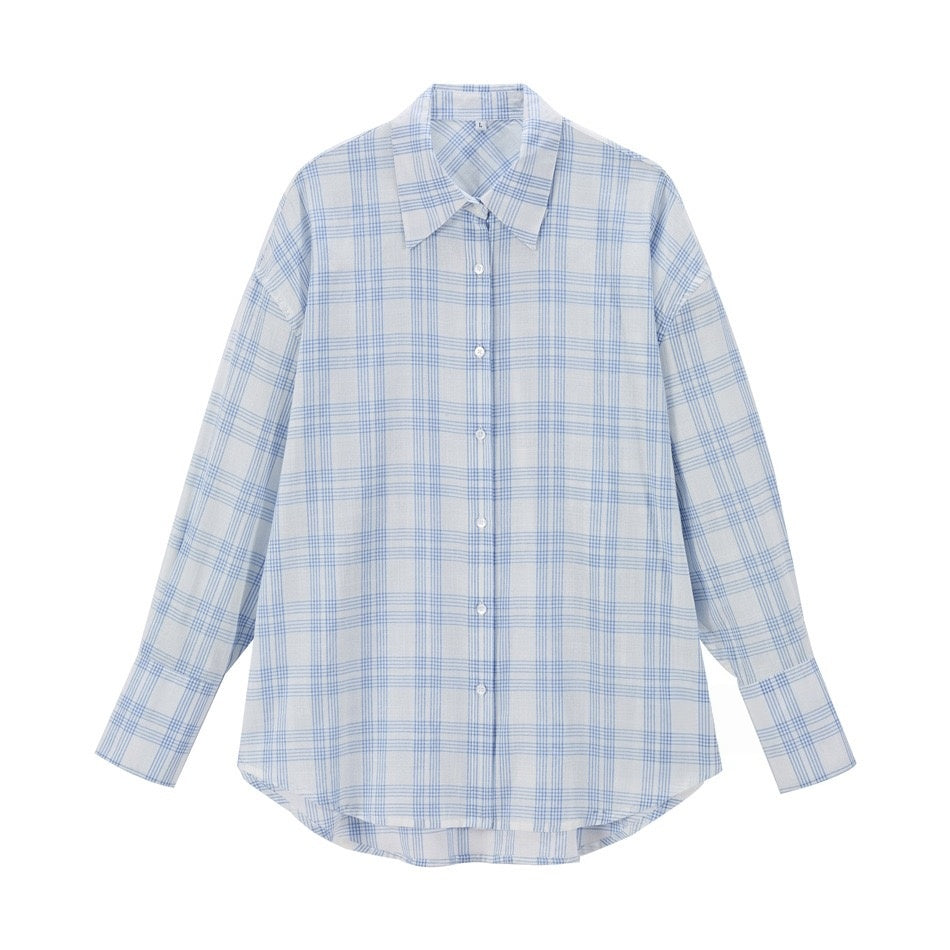 Women's Blue Plaid Oversized Button-Front Long Sleeve Shirt