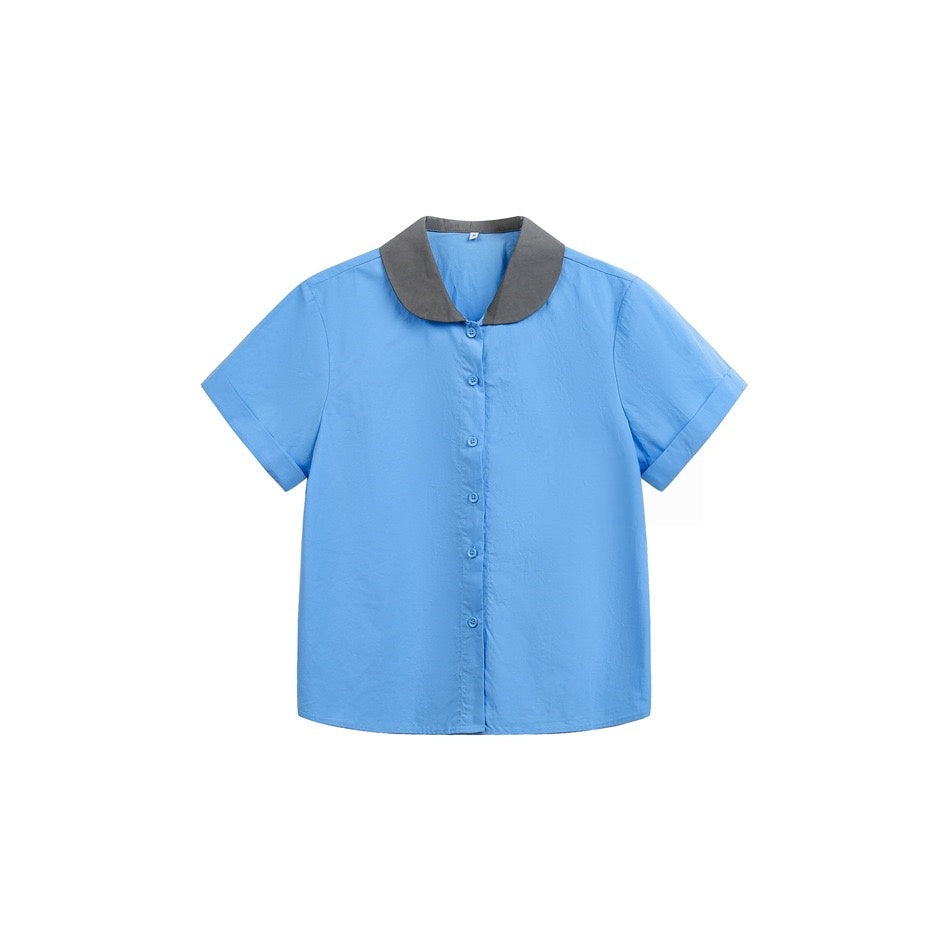 Women's Blue Short Sleeve Button Up Shirt with Gray Rounded Collar
