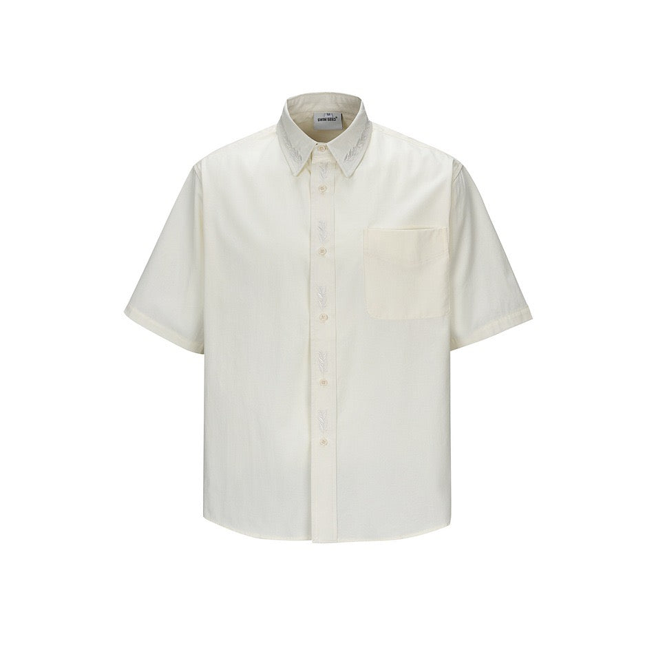 Men's Short-Sleeve Button Shirt with Wheat-Ear Embroidery