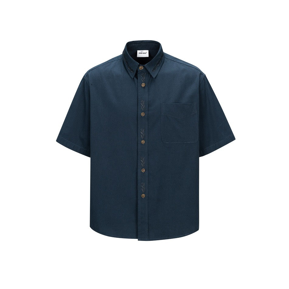 Men's Short-Sleeve Button Shirt with Wheat-Ear Embroidery