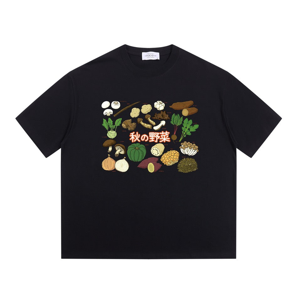 Boxy Autumn Vegetable Graphic T-Shirt with Japanese Lettering
