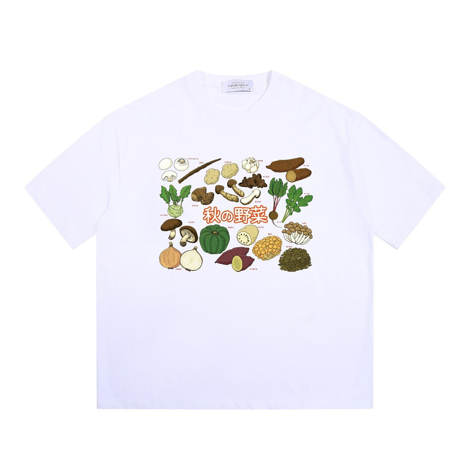 Boxy Autumn Vegetable Graphic T-Shirt with Japanese Lettering