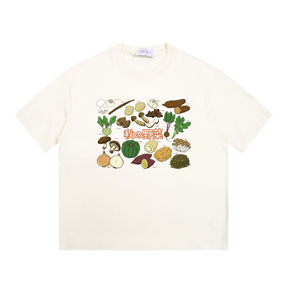 Boxy Autumn Vegetable Graphic T-Shirt with Japanese Lettering