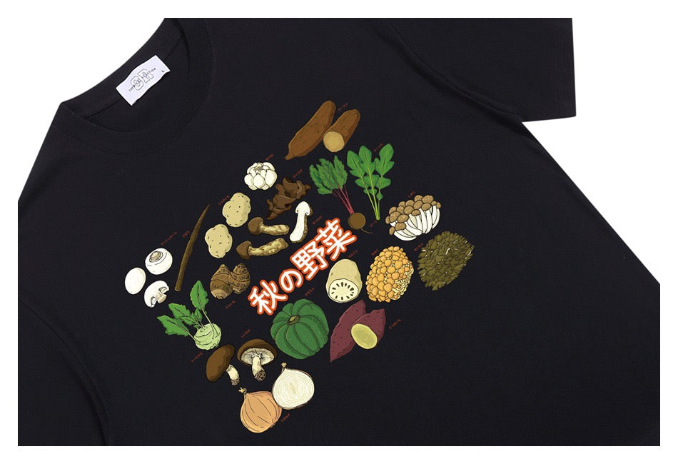Boxy Autumn Vegetable Graphic T-Shirt with Japanese Lettering