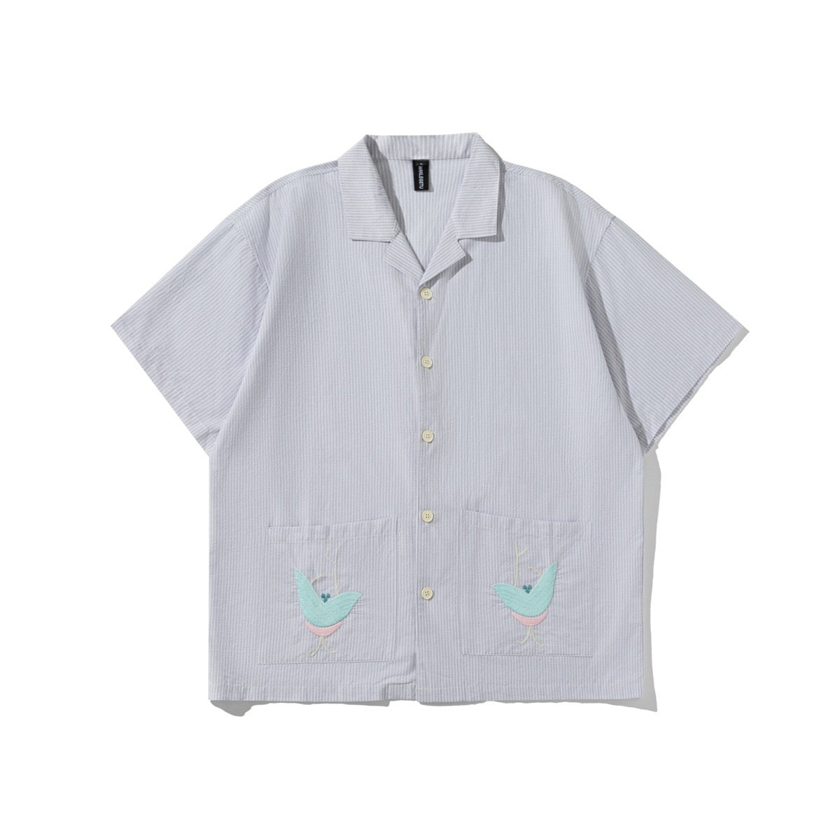 Men's Gray Striped Camp Collar Short Sleeve Shirt with Embroidered Birds