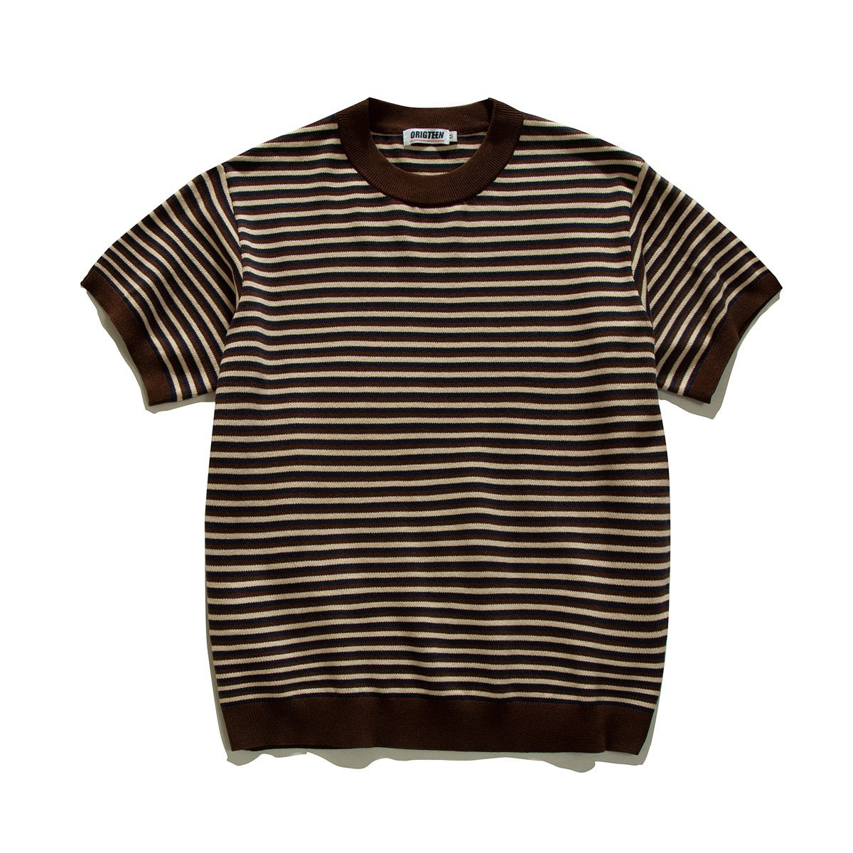 Men's Coffee Stripe Short-Sleeve Crew-Neck Knit-Look T-Shirt