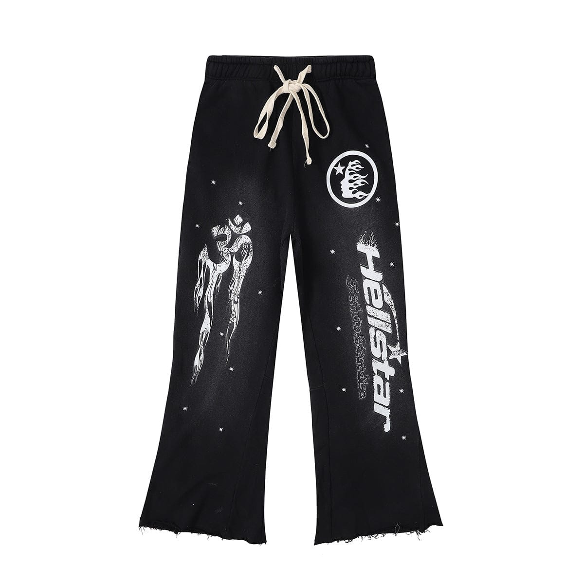 The Hellstar Washed Black Flare Sweatpants feature a wide-leg fit, drawstring waist, raw hems, and bold Om Flame graphics—making them a streetwear must-have.