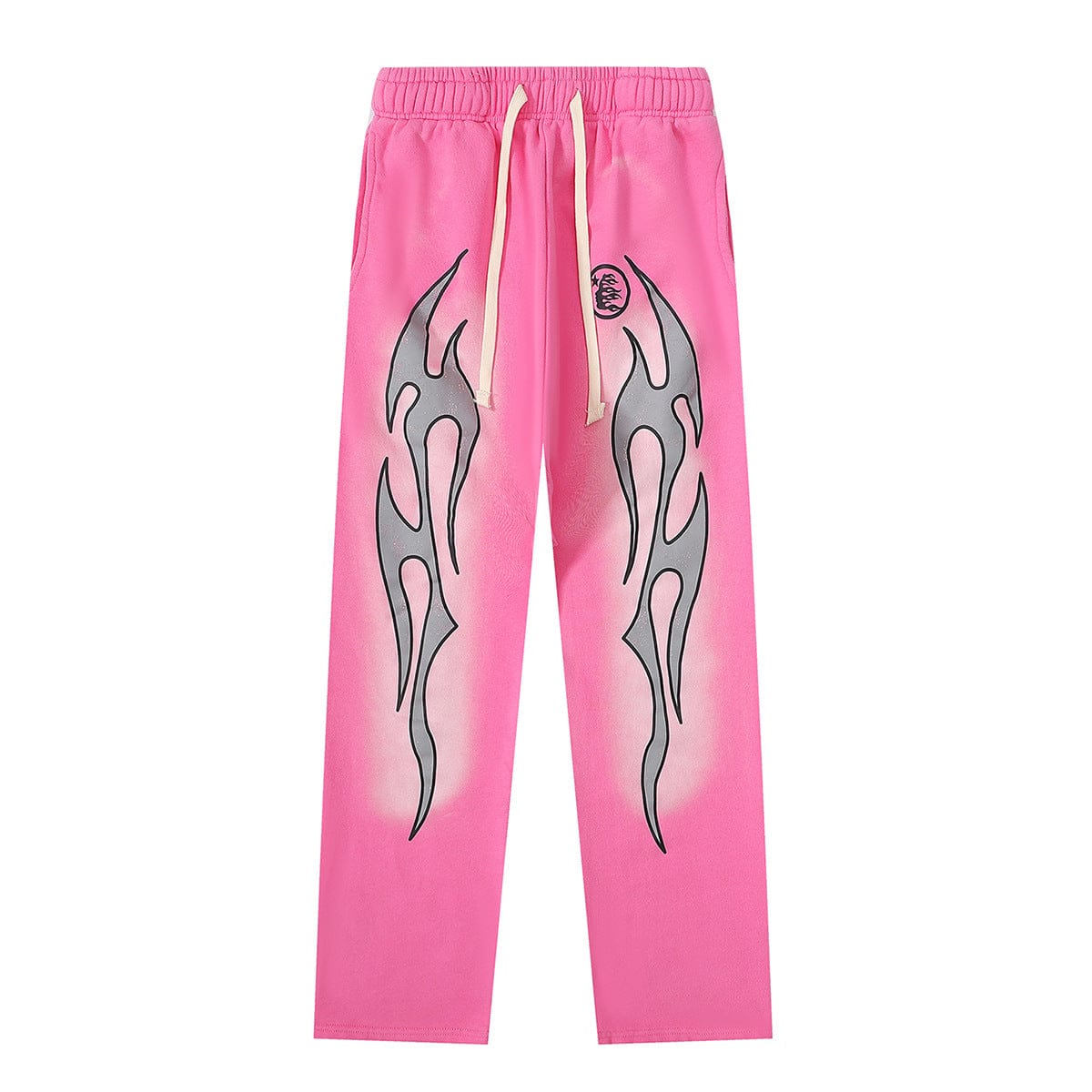 The Hellstar Hot Pink Dual Flame Graphic Sweatpants feature an elastic waistband, cream drawstrings, and striking black flame graphics running down the front of each leg.