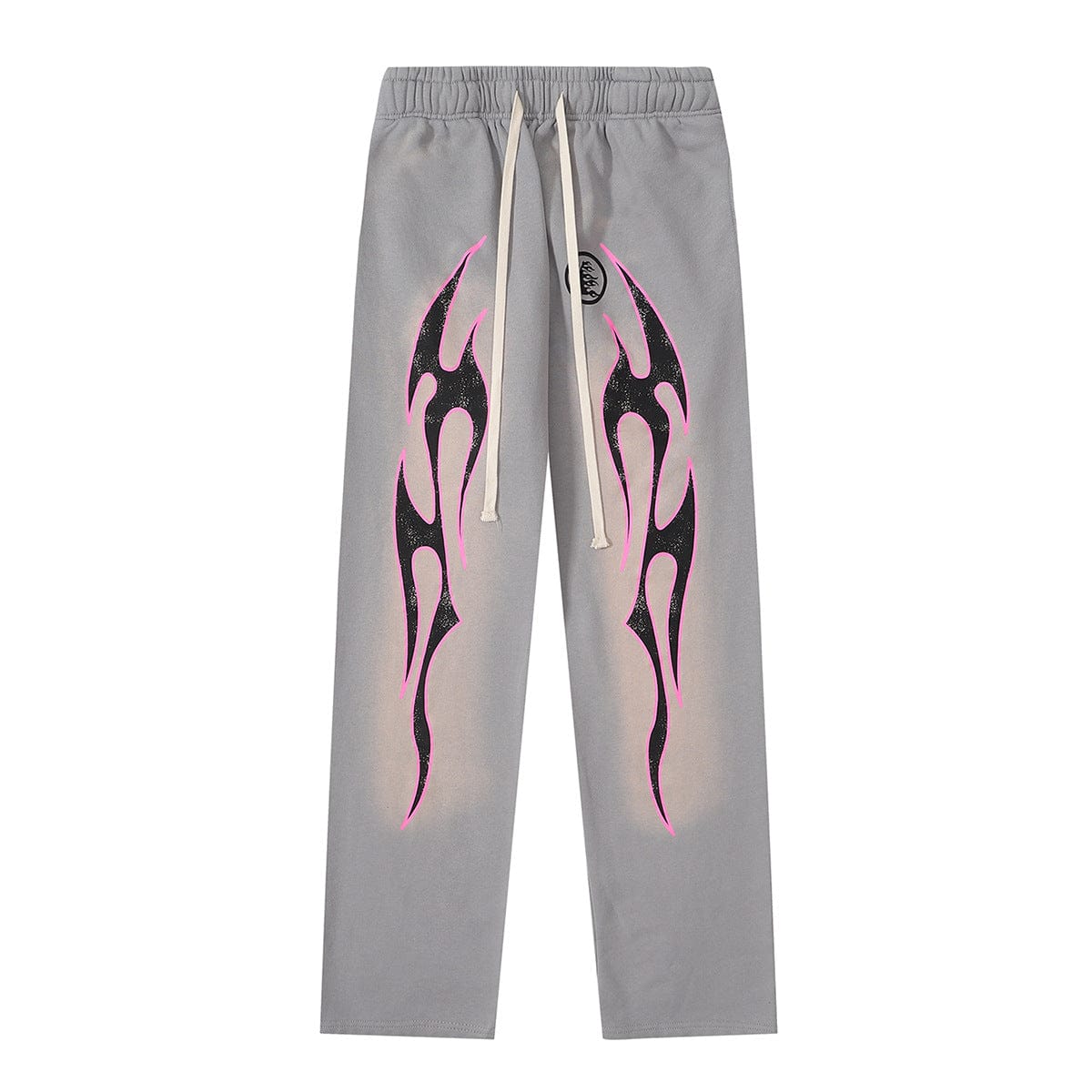 Hellstar Ash Grey Pink Tribal Flame Sweatpants feature a drawstring waist and bold black and pink tribal flame graphics on the front legs, perfect for elevating your streetwear style.