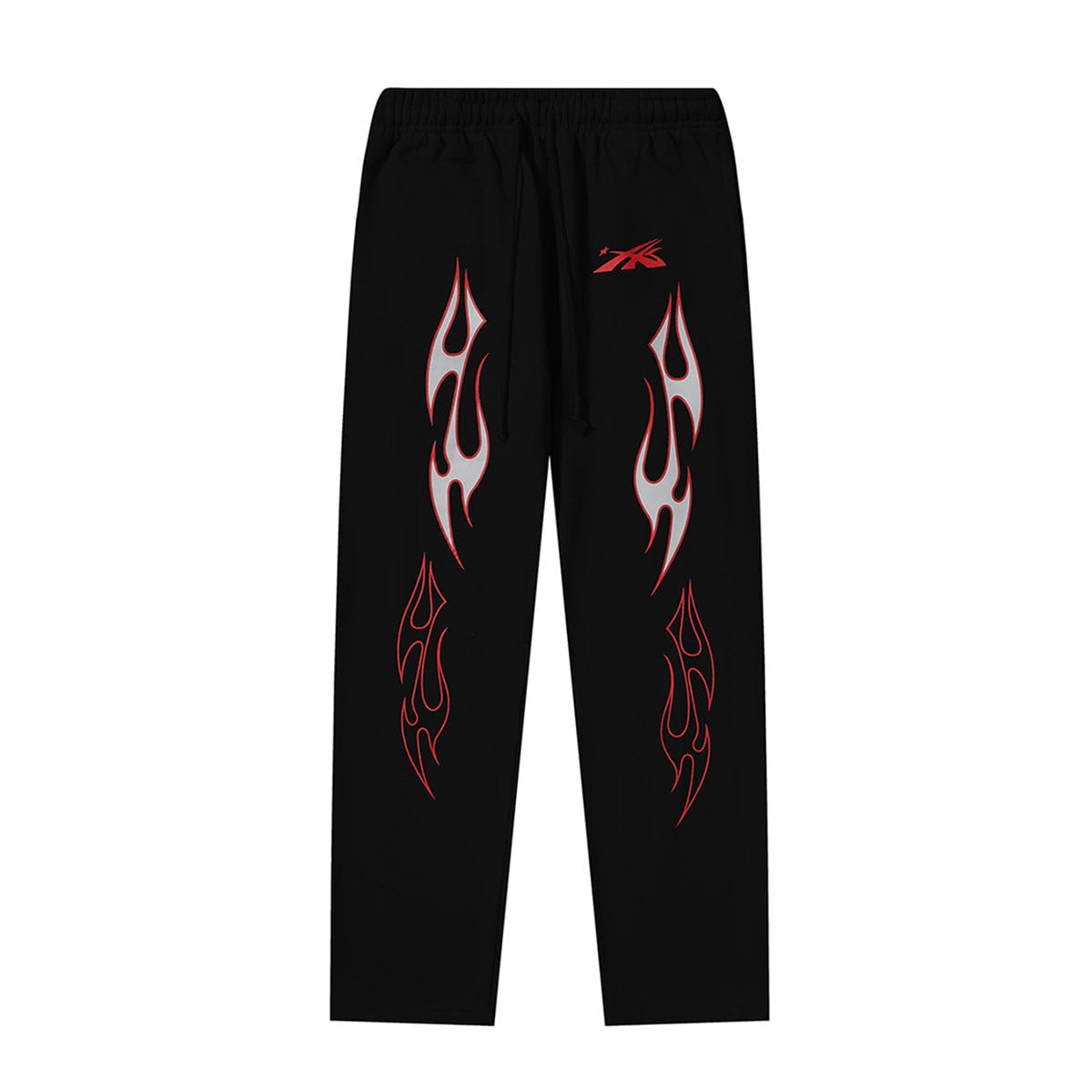 Elevate your streetwear look with Hellstar Black Red & Silver Dual Flame Graphic Sweatpants, featuring an elastic waistband and bold flame graphics in red and silver on the front of both legs.