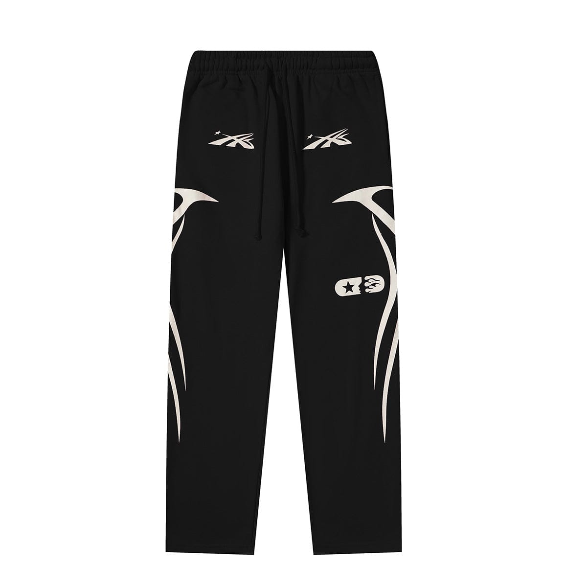 The Hellstar Red Track Pants in black feature a cream tribal flame star print, an elastic waistband, and drawstring—ideal for streetwear style.