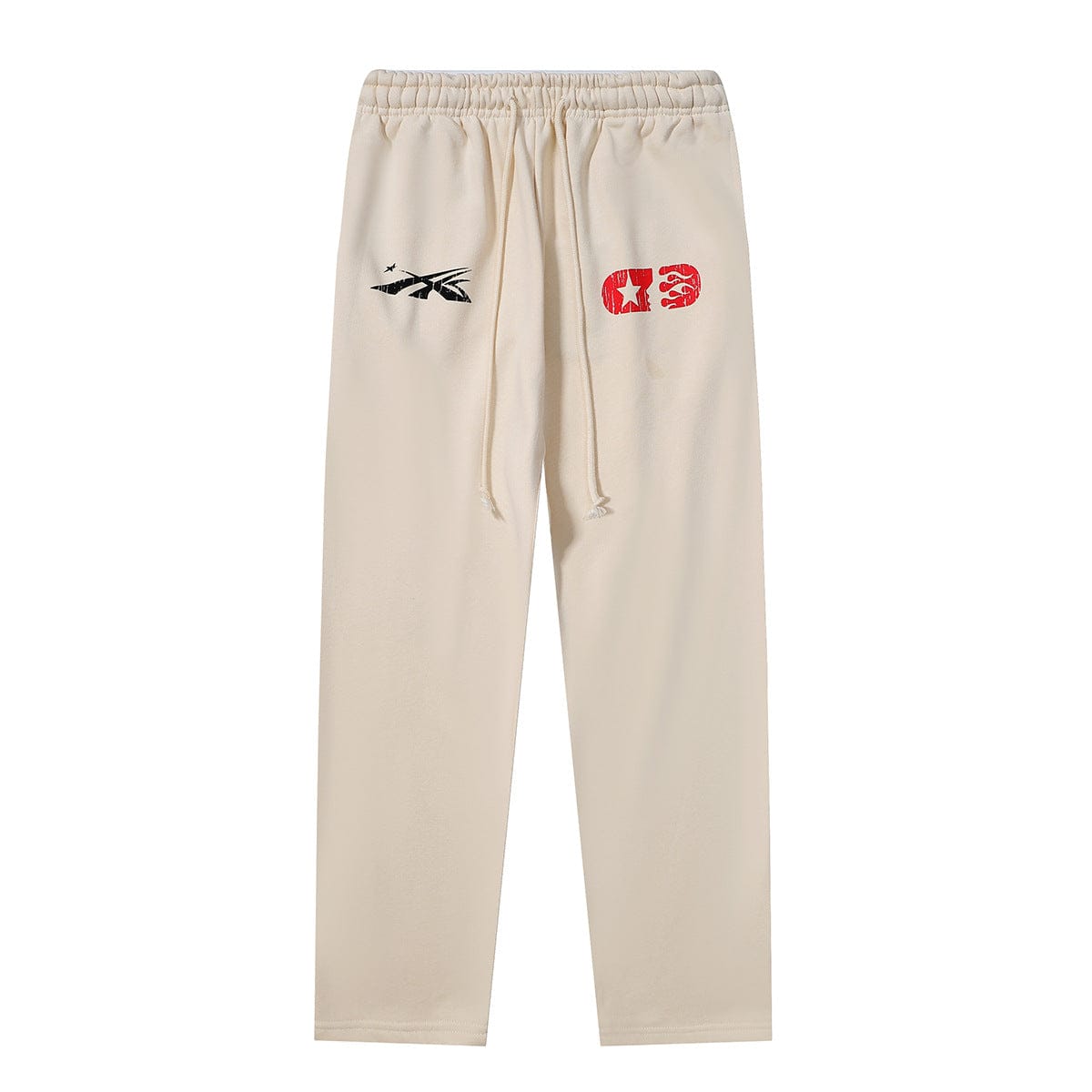 Hellstar Cream Off-White Black Lightning Red Star 69 Graphic Sweatpants feature a drawstring waist, black lightning graphic on the left thigh, and a bold red “69” on the right thigh.