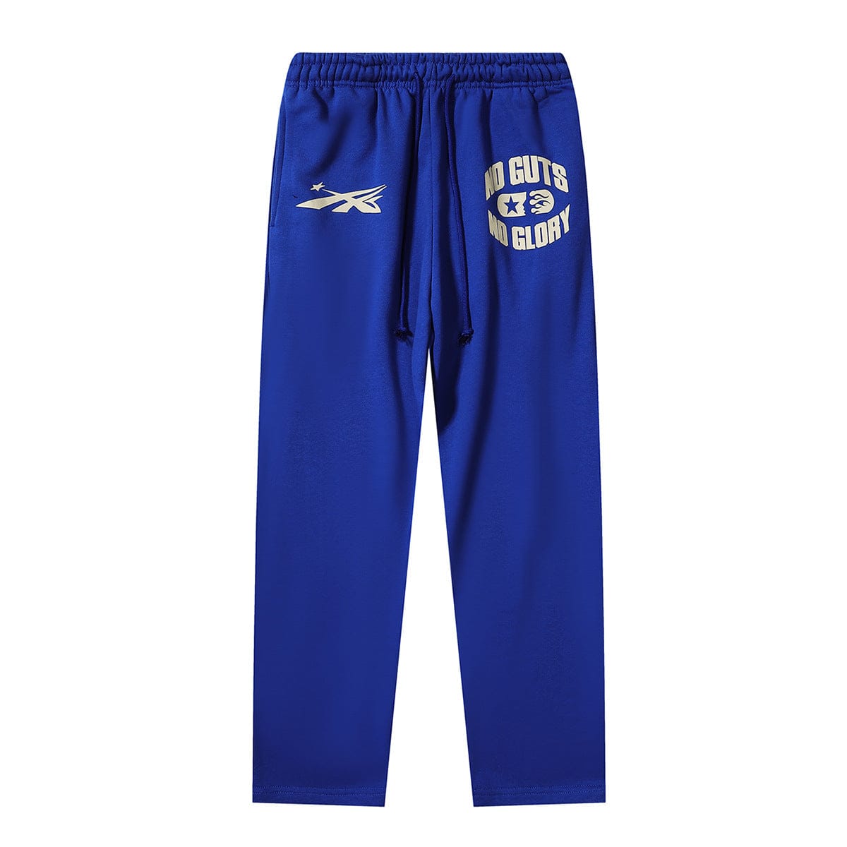 The Hellstar Royal Blue 'No Guts No Glory' Star Flame Sweatpants feature an elastic waistband, drawstring, and bold white "NO GUTS NO GLORY" text on the left thigh.
