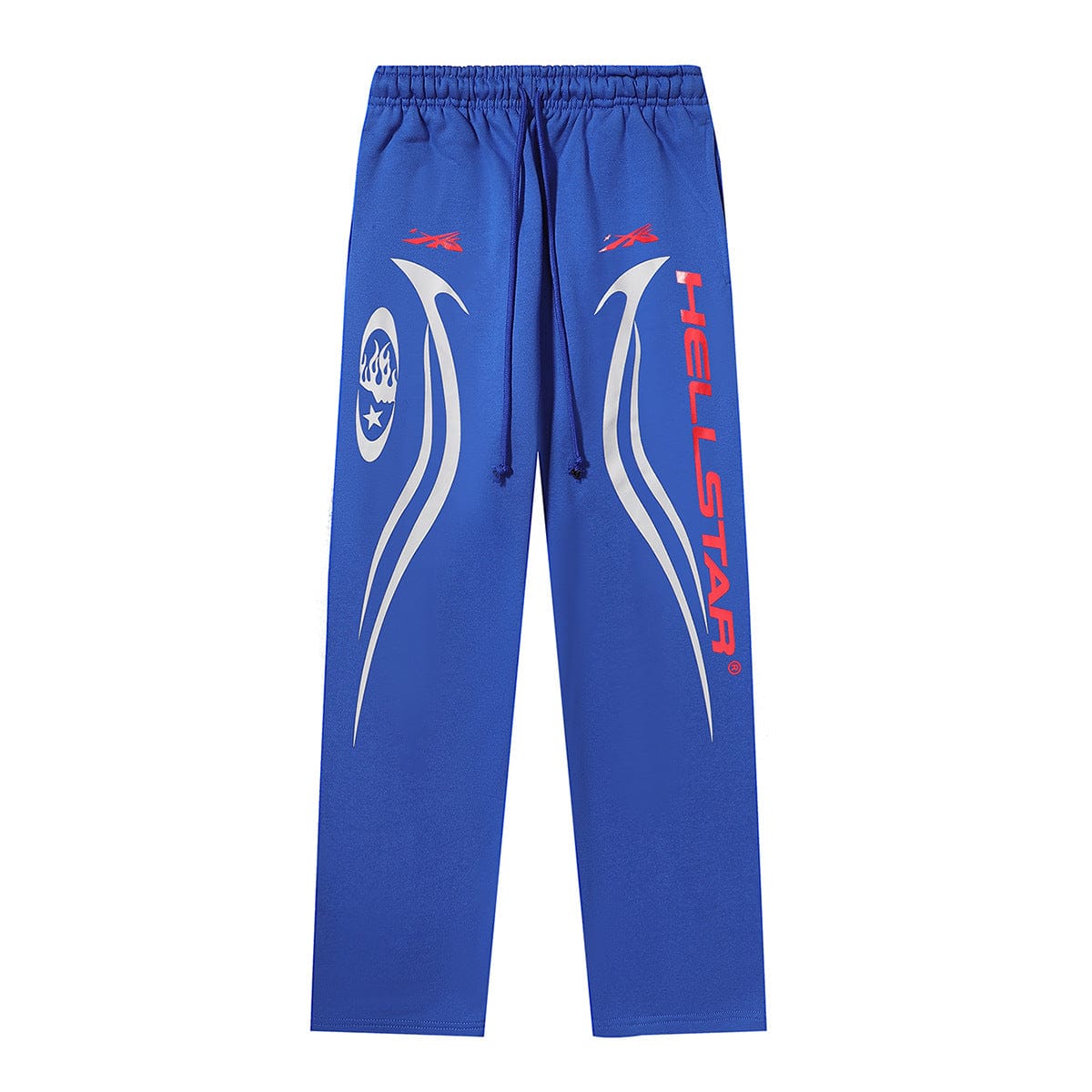 The Hellstar Royal Blue Tribal Flame Skull Sweatpants feature bold white and red graphic designs, including "HELLSTAR" in red on the right leg and silver tribal flames on both legs.