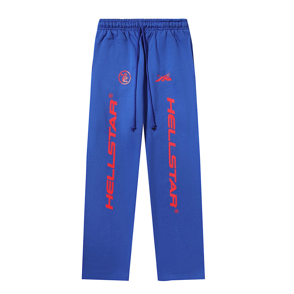 Hellstar Royal Blue Red Vertical Logo Flame Circle Sweatpants with an elastic waistband, featuring bold red "HELLSTAR" branding and logo printed vertically on the left leg.