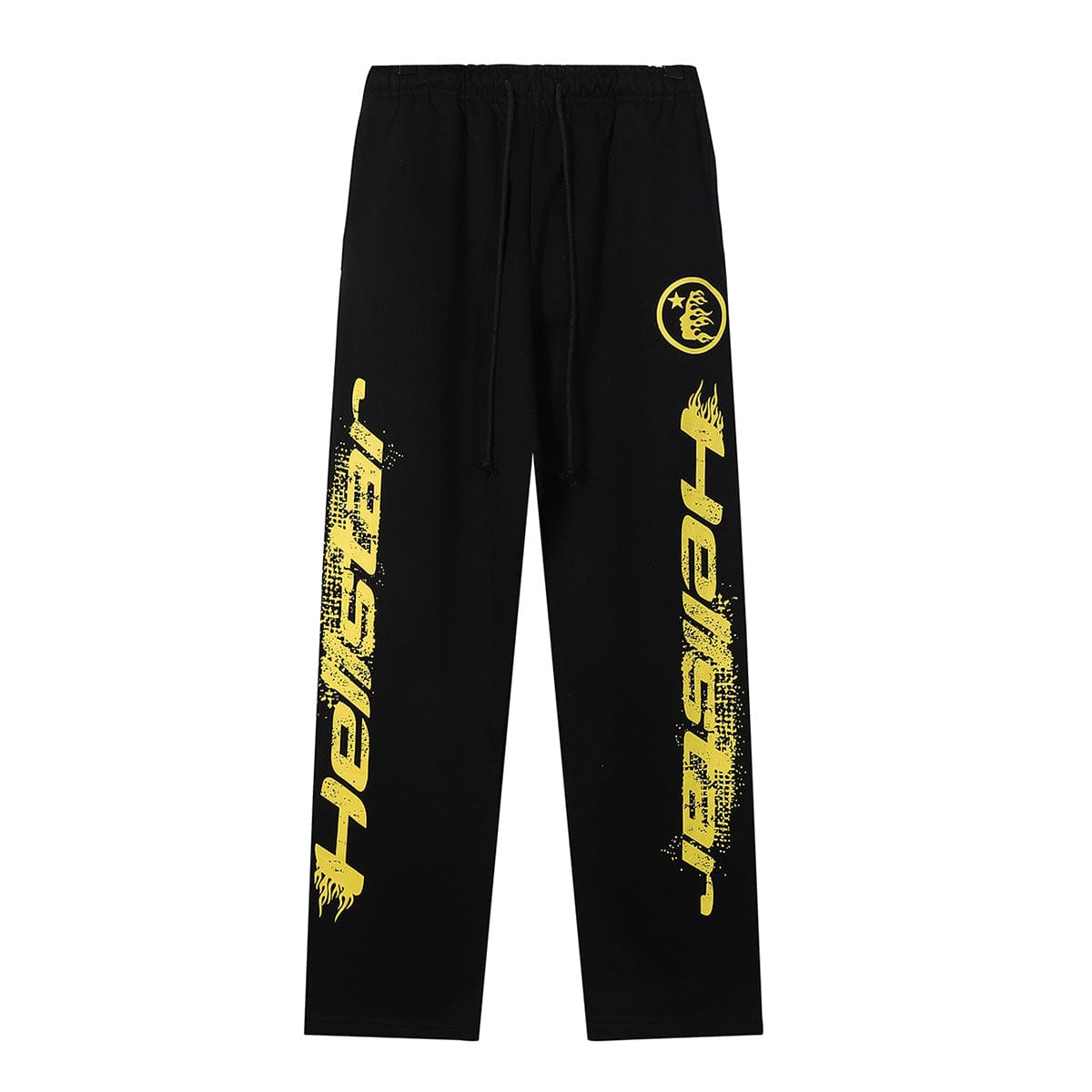 Hellstar Black Sweatpants feature a yellow flame vertical logo print down both legs and an elastic waistband with drawstring, combining streetwear style with bold graphic details.