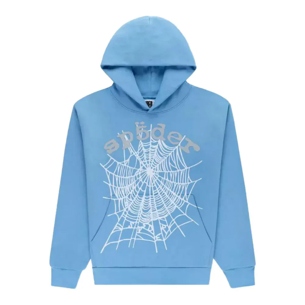 The Sp5der Hoodie – Sky Blue Web 440GSM Heavyweight Streetwear Pullover is crafted from thick cotton fleece and features a bold white spider web graphic with "spider" text on the front.