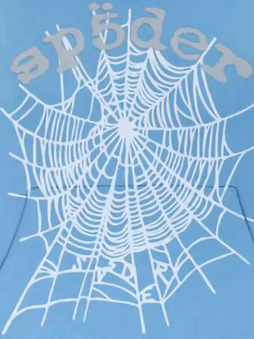White spider web graphic with "spider" in stylized gray text above it on a blue background—iconic look of the Sp5der Hoodie – Sky Blue Web 440GSM Heavyweight Streetwear Pullover, crafted from premium cotton fleece.