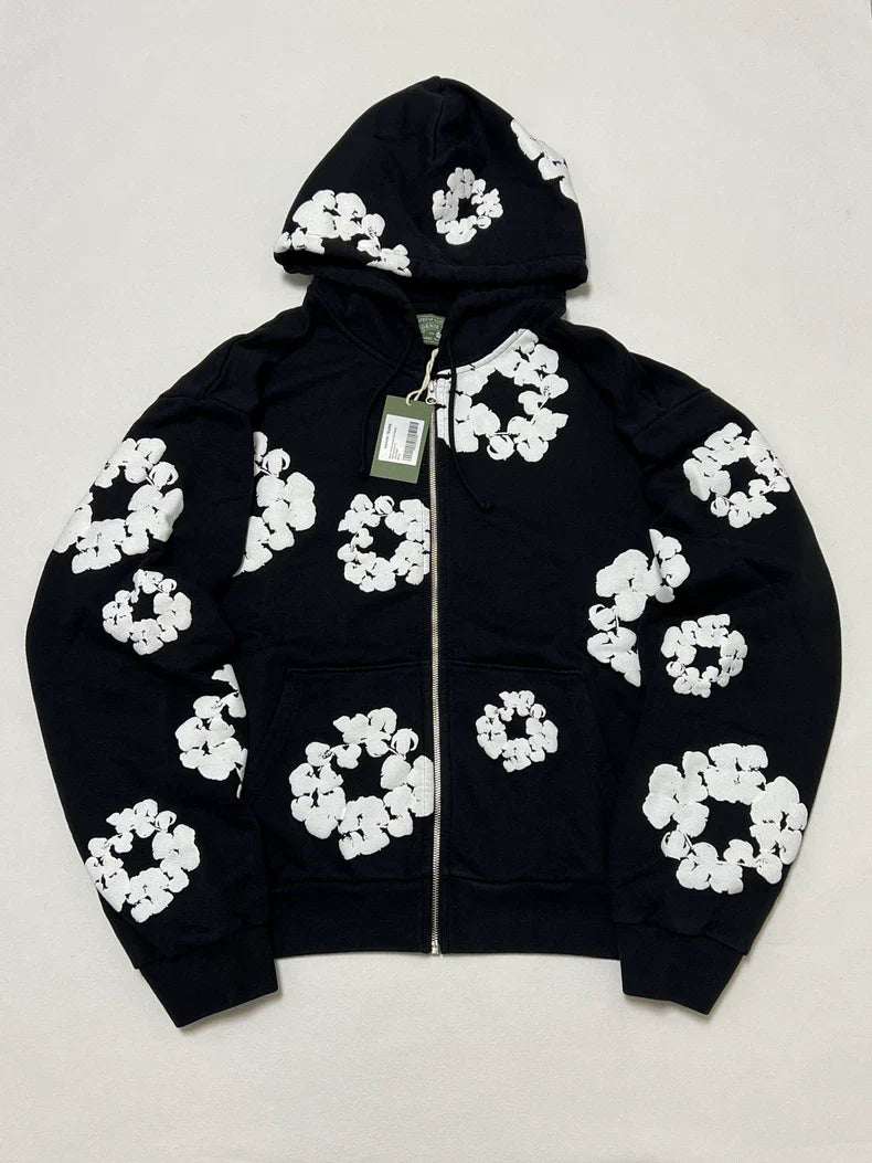 Denim Tears Cotton Wreath Zip Hoodie - Black / White
