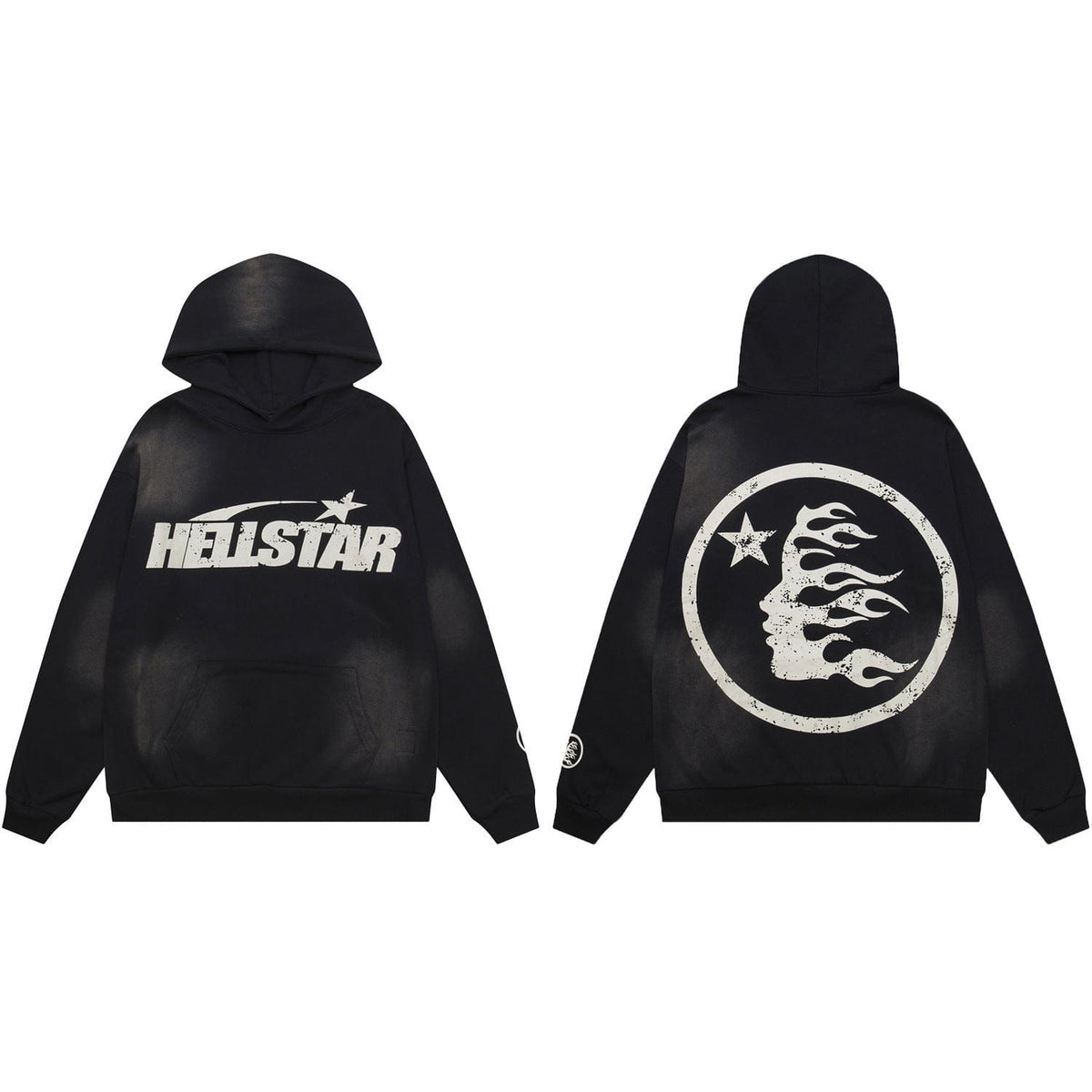 The Hellstar Washed Black Flame Face Circle Graphic Hoodie in black features "HELLSTAR" text and star on the front, a flaming head and star circle graphic on the back, and a bold vintage acid-wash finish.