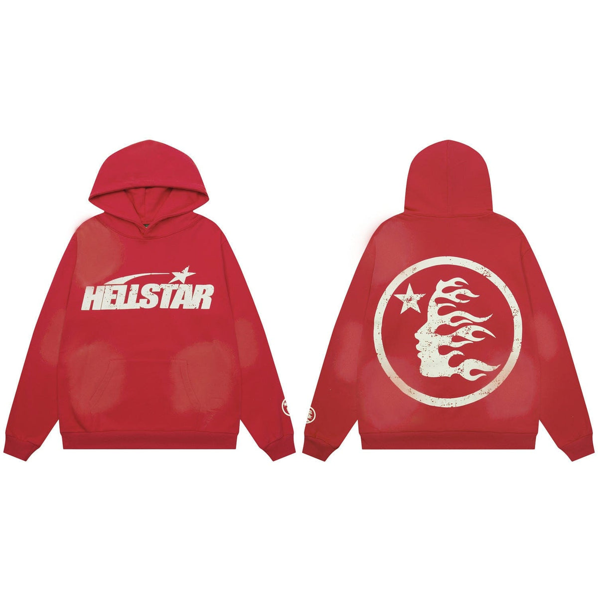 The Hellstar Washed Black Flame Face Circle Graphic Hoodie in red features bold "HELLSTAR" text and star on the front, with a large back graphic of a flaming head in a circle—ideal for oversized streetwear looks.