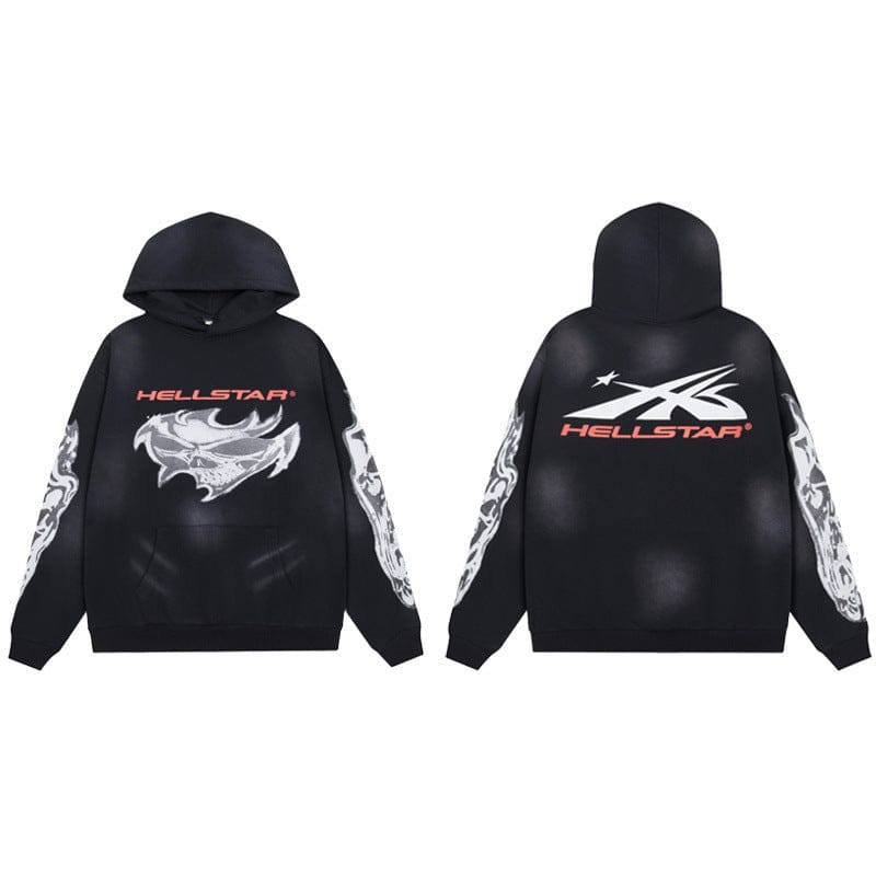 The Hellstar Washed Black Flame Skull Tribal Graphic Hoodie features bold white and red "HELLSTAR" logos, a dragon graphic on the front, abstract design on the back, and patterned sleeves—perfect for gothic streetwear fans.
