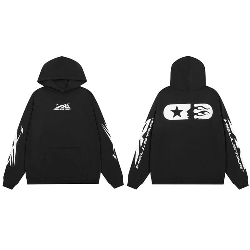 The Hellstar White & Yellow Star Flame Pill Graphic Hoodie is shown front and back, featuring bold yellow star, flame, and pill graphics on the chest, sleeves, and back—ideal for standout streetwear and Y2K-inspired looks.