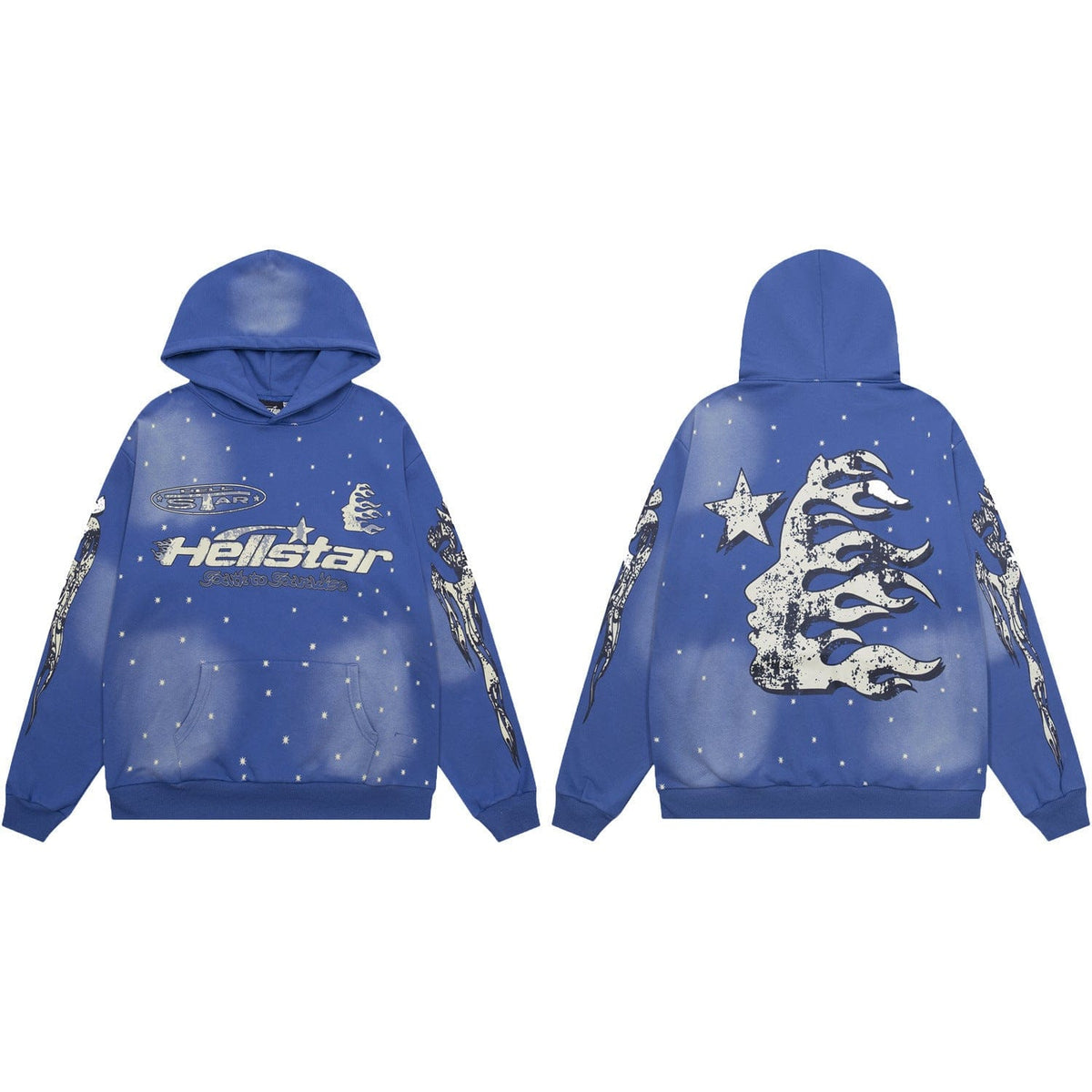 Hellstar Cobalt Blue Washed Star & Flame Spine Graphic Hoodie shown from front and back, featuring white star, flame, and logo graphics with a speckled dot pattern for a galaxy-inspired look.