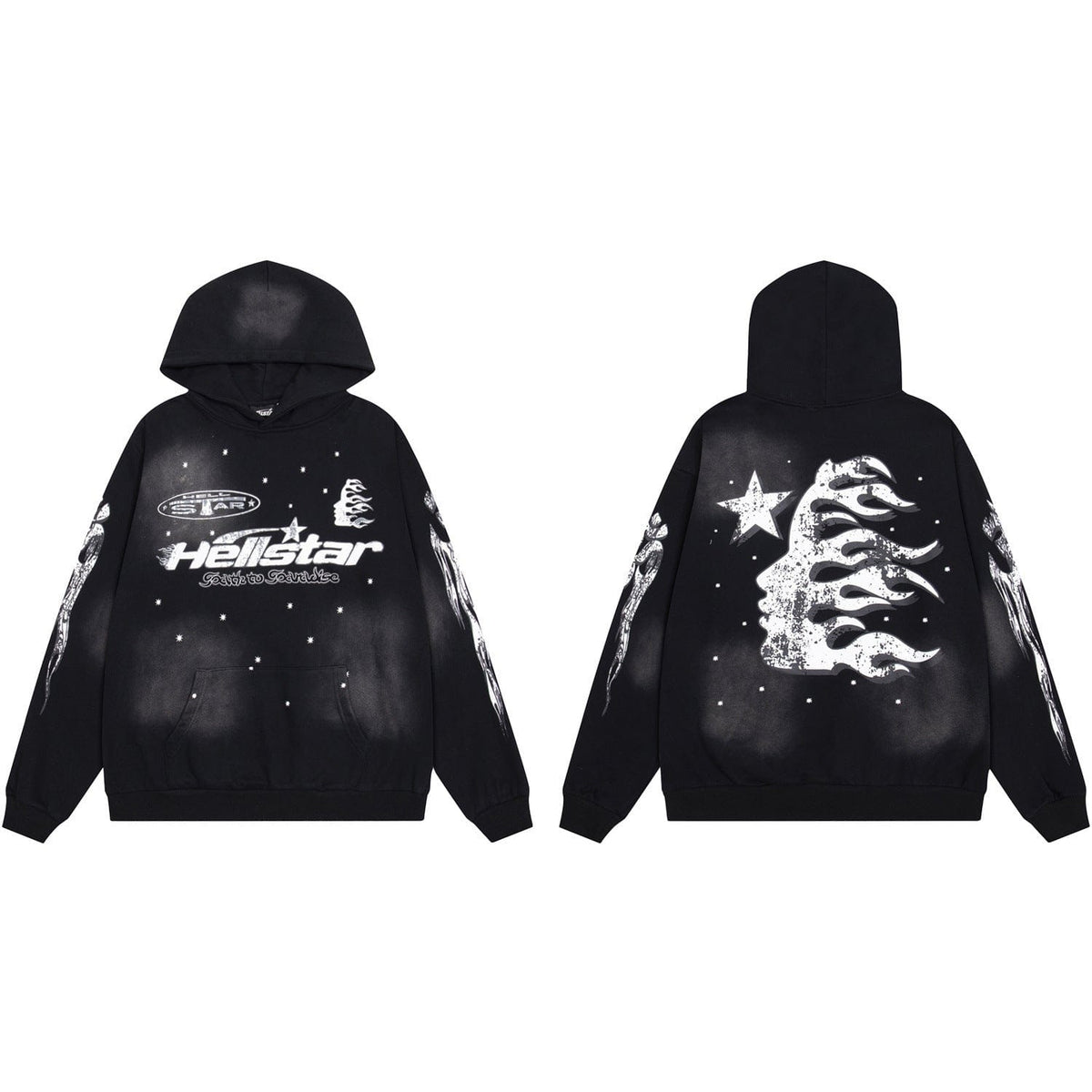 Black Hellstar Cobalt Blue Washed Star & Flame Spine Graphic Hoodie featuring white galaxy-inspired star, flame, and skeletal graphics on the front, sleeves, and back for a bold statement look.
