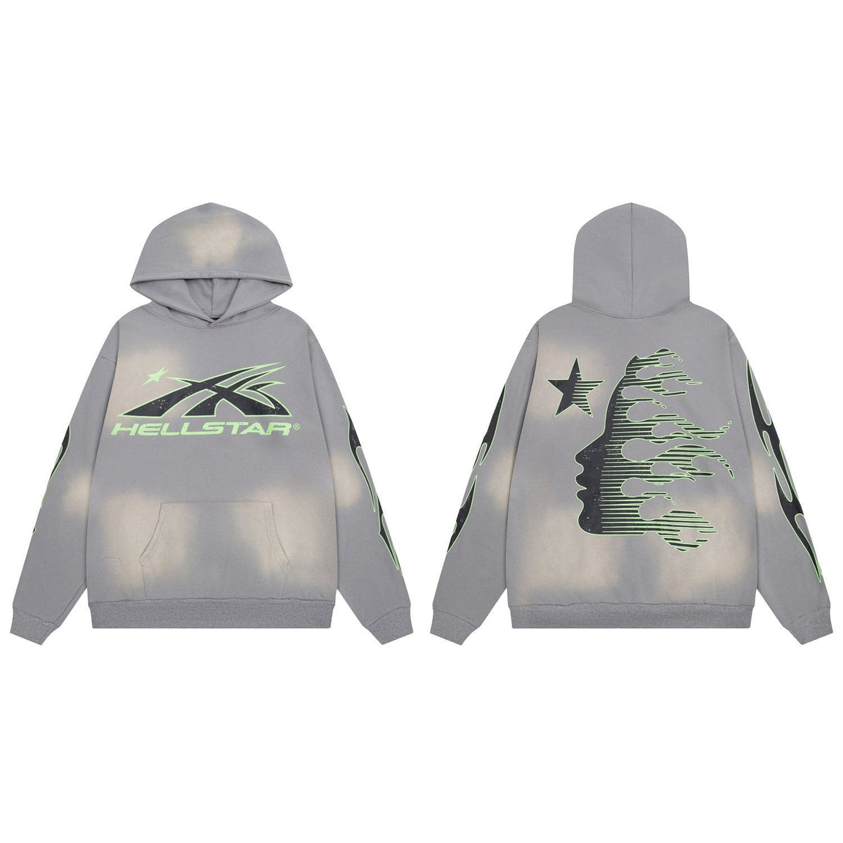 The Hellstar Washed Grey Neon Green Flame Star Hoodie features a star logo and neon graphic on the front, a large face and flame star on the back, and matching sleeve motifs—an essential oversized piece for streetwear fans.