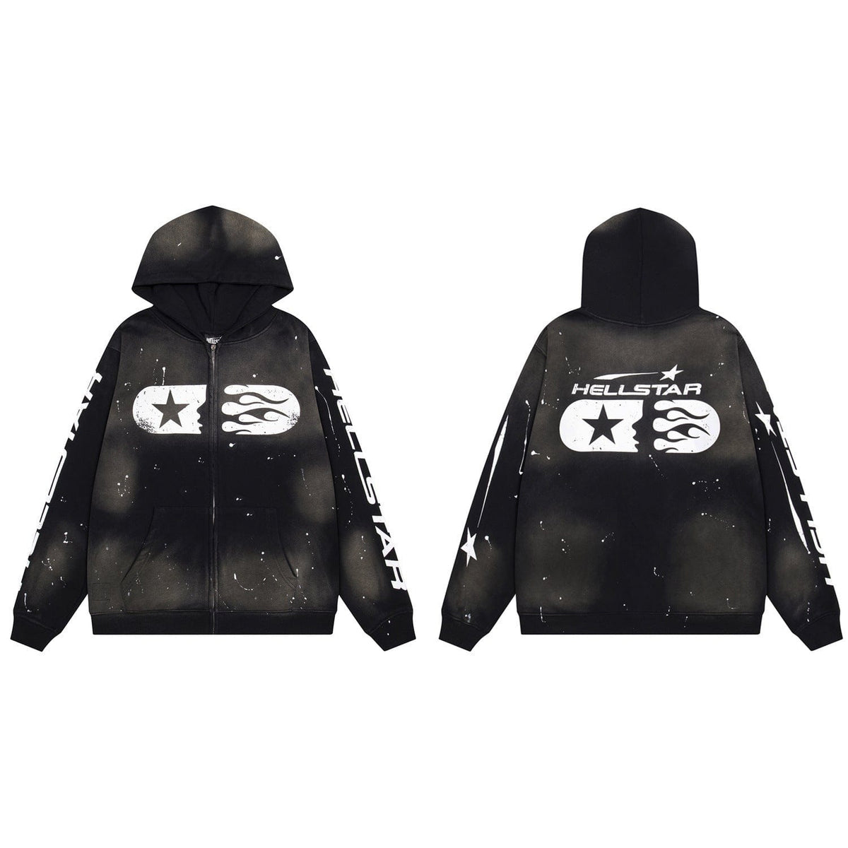 Front and back view of the Hellstar Washed Black Zip-Up Hoodie – Star & Flame Graphic, featuring a black acid wash, white "Hellstar" logos, star and flame graphics, and a scattered bleach splatter pattern.
