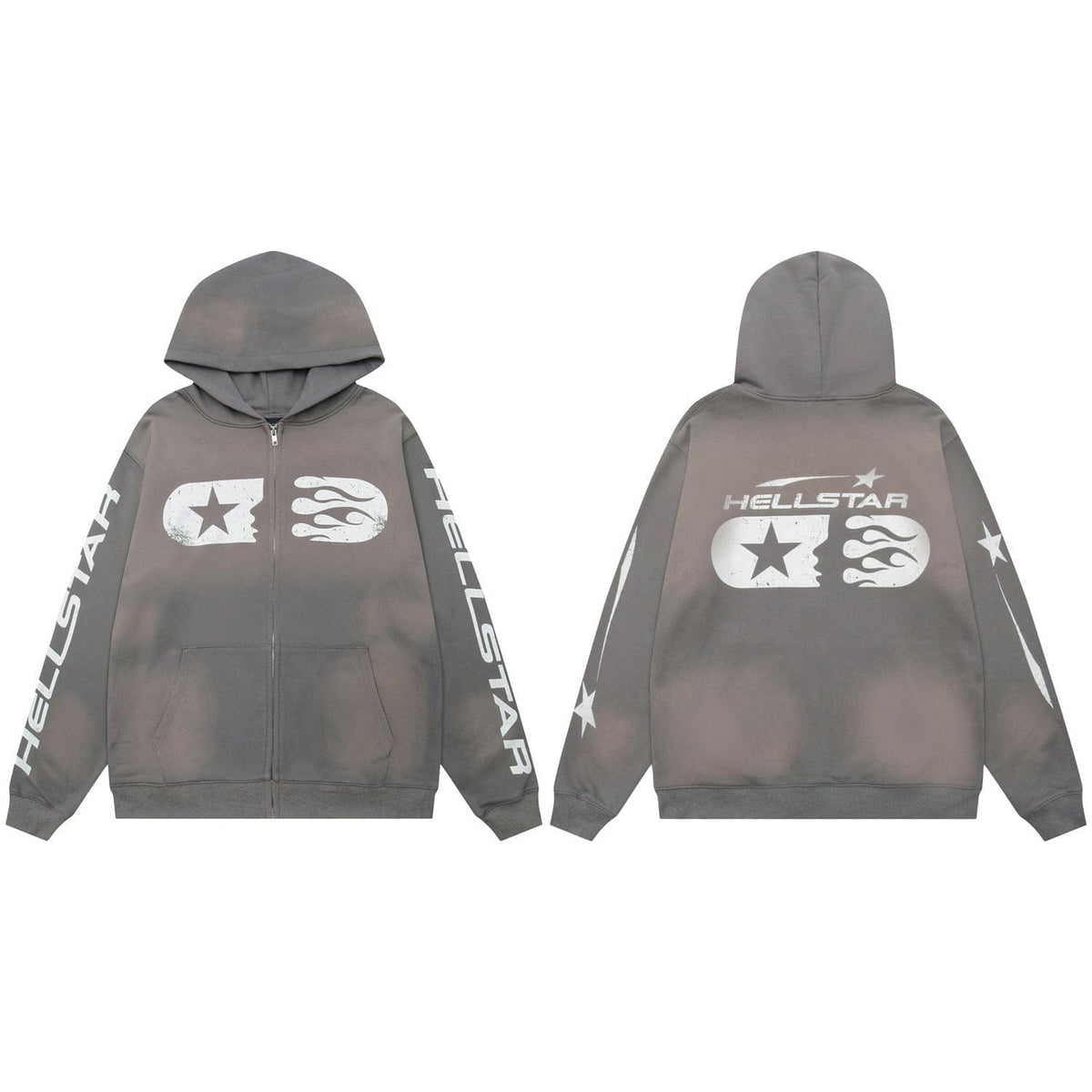 Front and back views of the Hellstar Washed Grey Star & Flame Zip-Up Hoodie, featuring "HELLSTAR" text, sleeve flame graphics, and a bold star-and-flames logo on the back for a standout Y2K streetwear vibe.