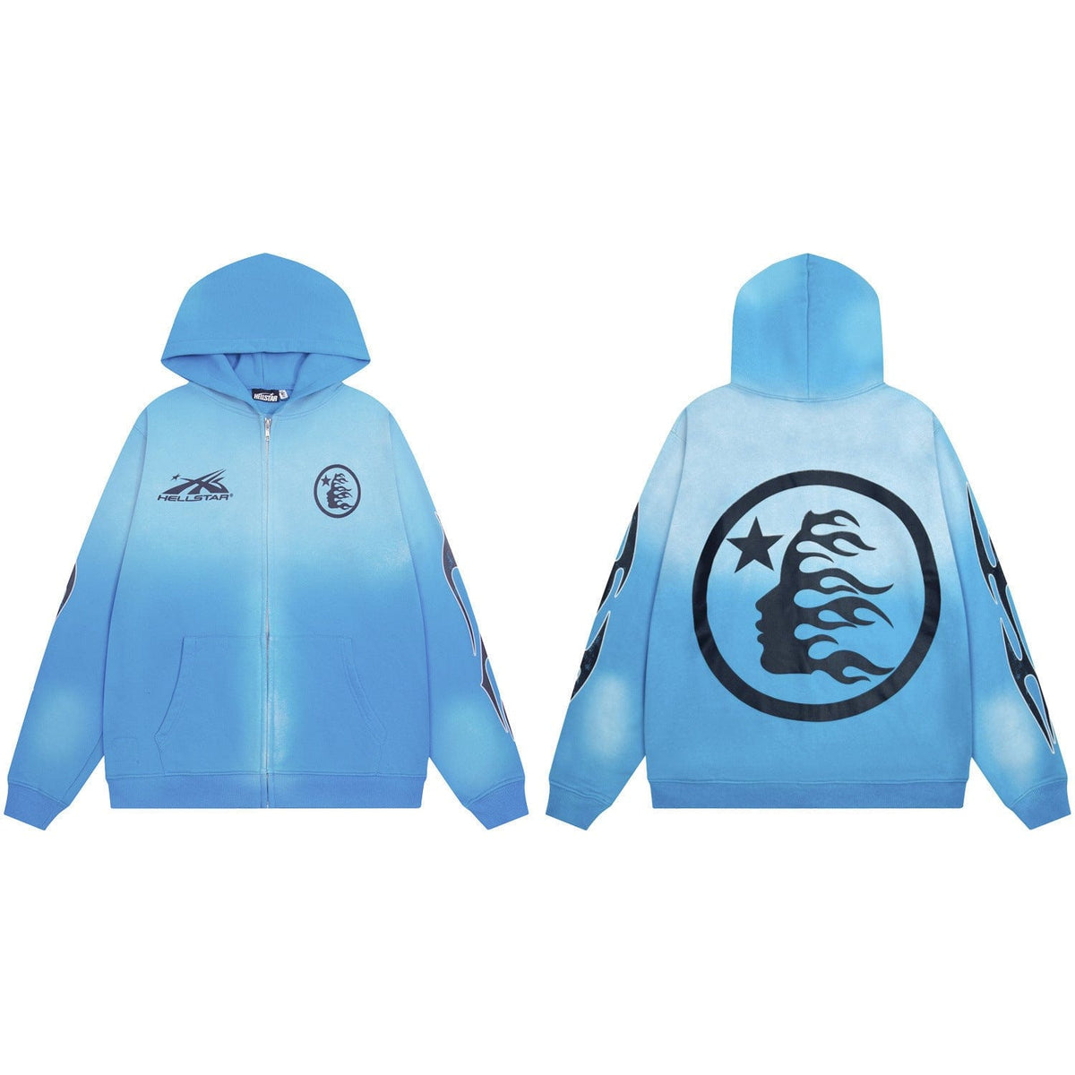 The Hellstar Sky Blue Washed Flame Face Circle Zip-Up Hoodie features a gradient acid wash, flame graphics on the sleeves, and a bold black circular face with flames and star details on the back for a vintage streetwear vibe.
